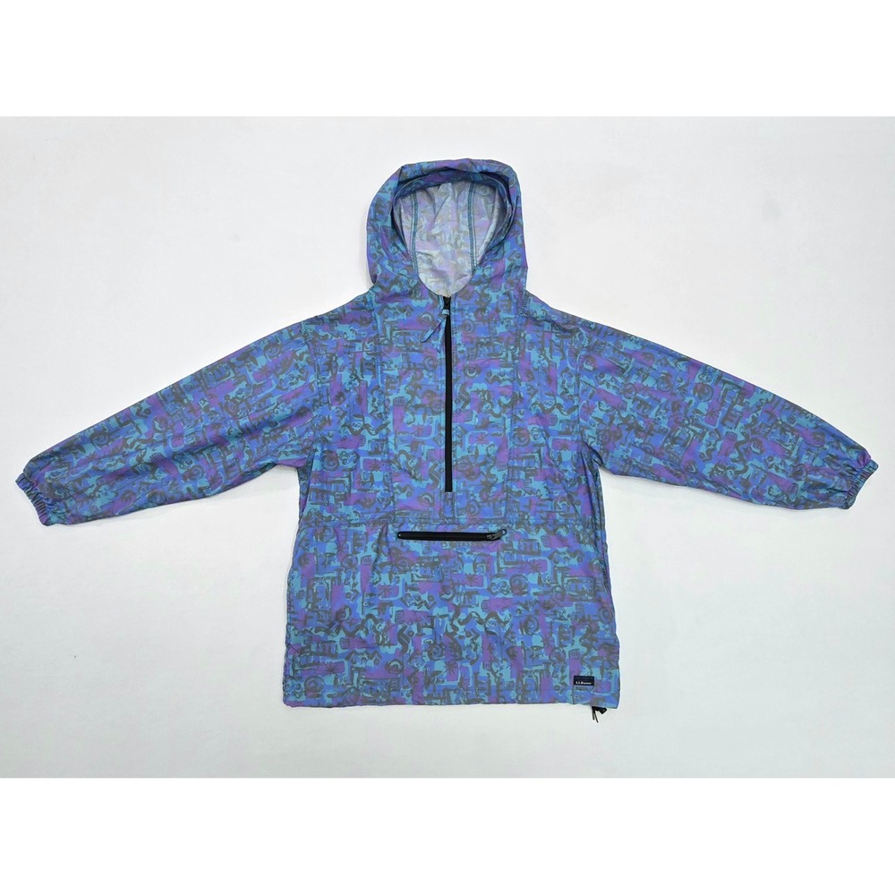 Vintage LL Bean Kids Anorak Windbreaker Teal Purple Geometric Half Zip Hooded